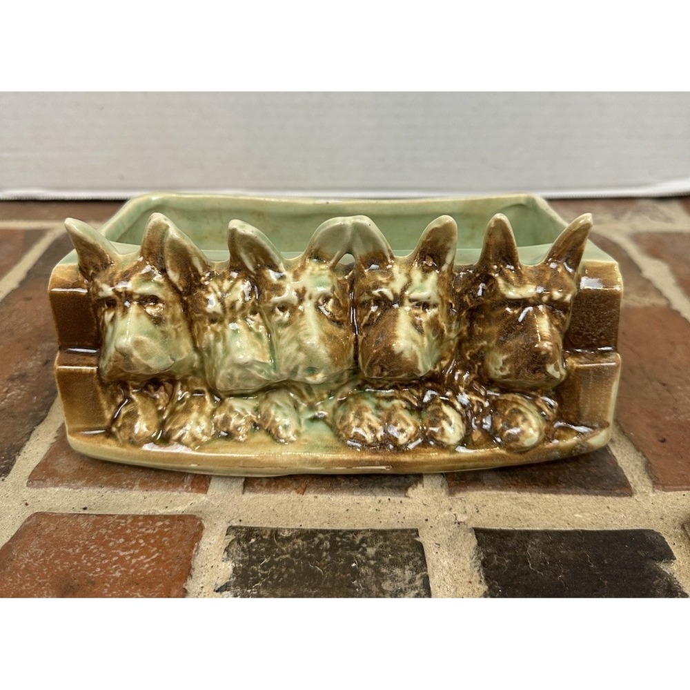 Vintage 1949 McCoy Pottery Scottie Dog Planter Crackle Glaze Green Brown